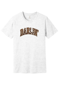 Darlin' tee, Patchwork design, in Ash, featuring arched varsity DARLIN' letters filled with leopard and checker print