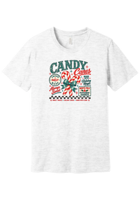 Fresh Candy Canes tee in Ash, featuring vintage candy shop lettering with two striped candy canes tied in a green bow and a North Pole Peppermint sign