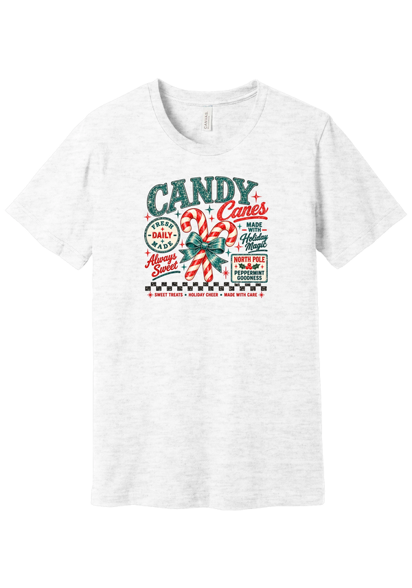 Fresh Candy Canes tee in Ash, featuring vintage candy shop lettering with two striped candy canes tied in a green bow and a North Pole Peppermint sign