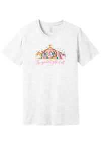 The Greatest Gift of All tee in Ash, featuring a soft watercolor nativity scene beneath the star with Matthew 1:21