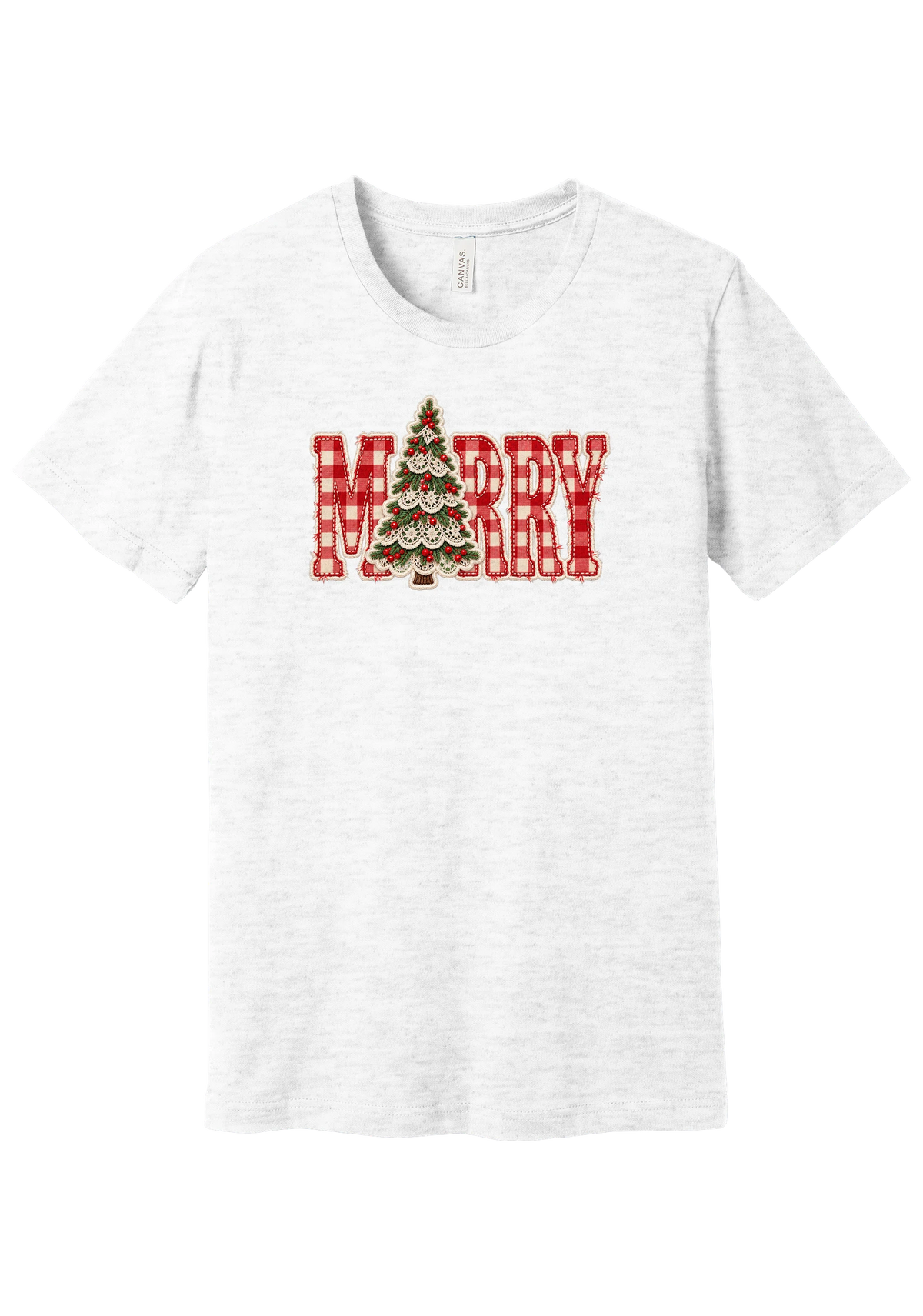 Red Gingham Merry Tree tee in Ash, featuring red gingham MERRY letters with a lace-trimmed Christmas tree in the center