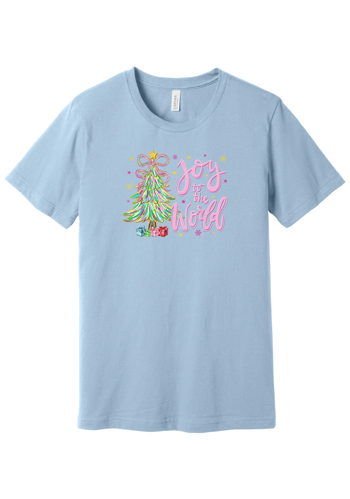 Joy to the World Pastel Tree tee in Baby Blue, featuring a pastel tinsel Christmas tree with a ribbon bow beside Joy to the World pink script