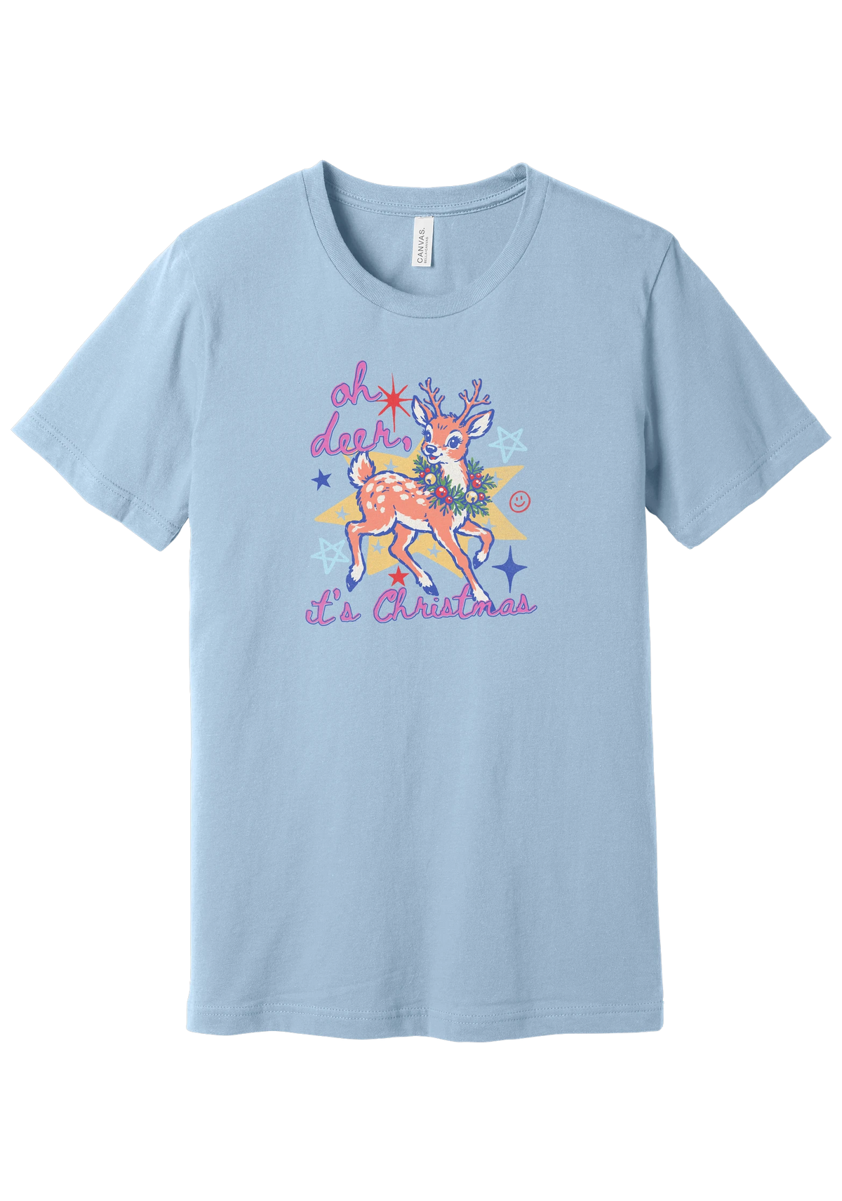 Oh Deer Retro tee in Baby Blue, featuring a retro spotted fawn wearing a holly wreath with pastel stars and hand-lettered script