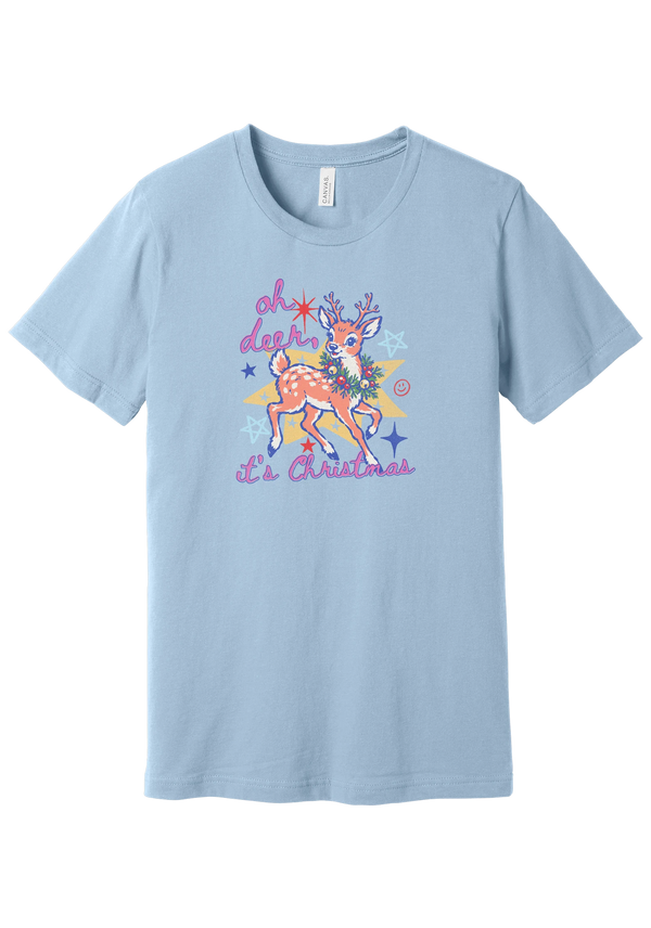 Oh Deer Retro tee in Baby Blue, featuring a retro spotted fawn wearing a holly wreath with pastel stars and hand-lettered script