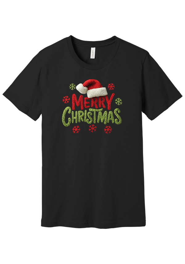 Crocheted Santa Hat Merry Christmas tee in Black, featuring a knit Santa hat over chunky red and green knit-texture Merry Christmas lettering with crochet snowflakes