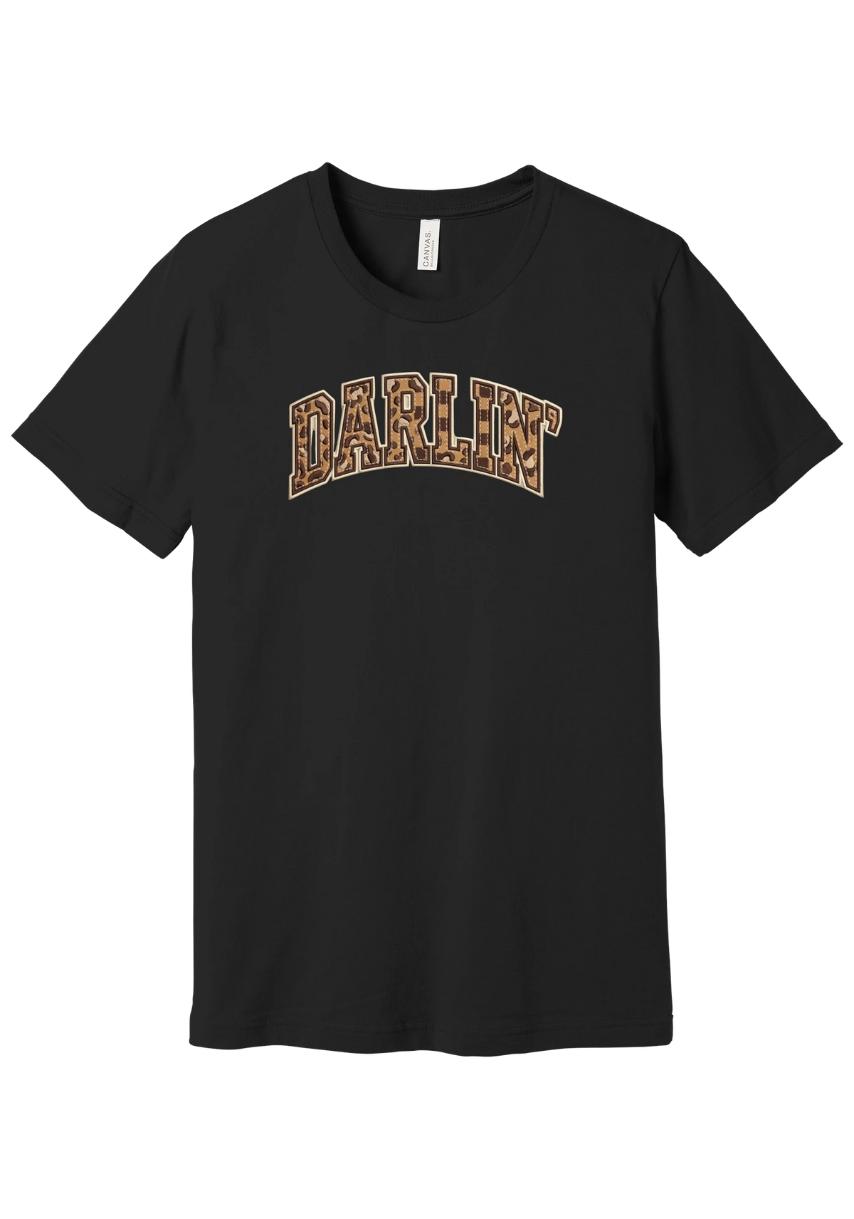 Darlin' tee, Checker Outline design, in Black, featuring arched varsity DARLIN' letters filled with leopard and checker print