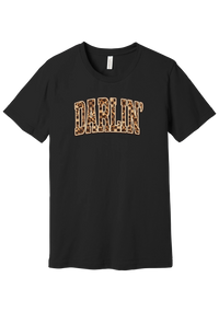 Darlin' tee, Leopard Checker design, in Black, featuring arched varsity DARLIN' letters filled with leopard and checker print