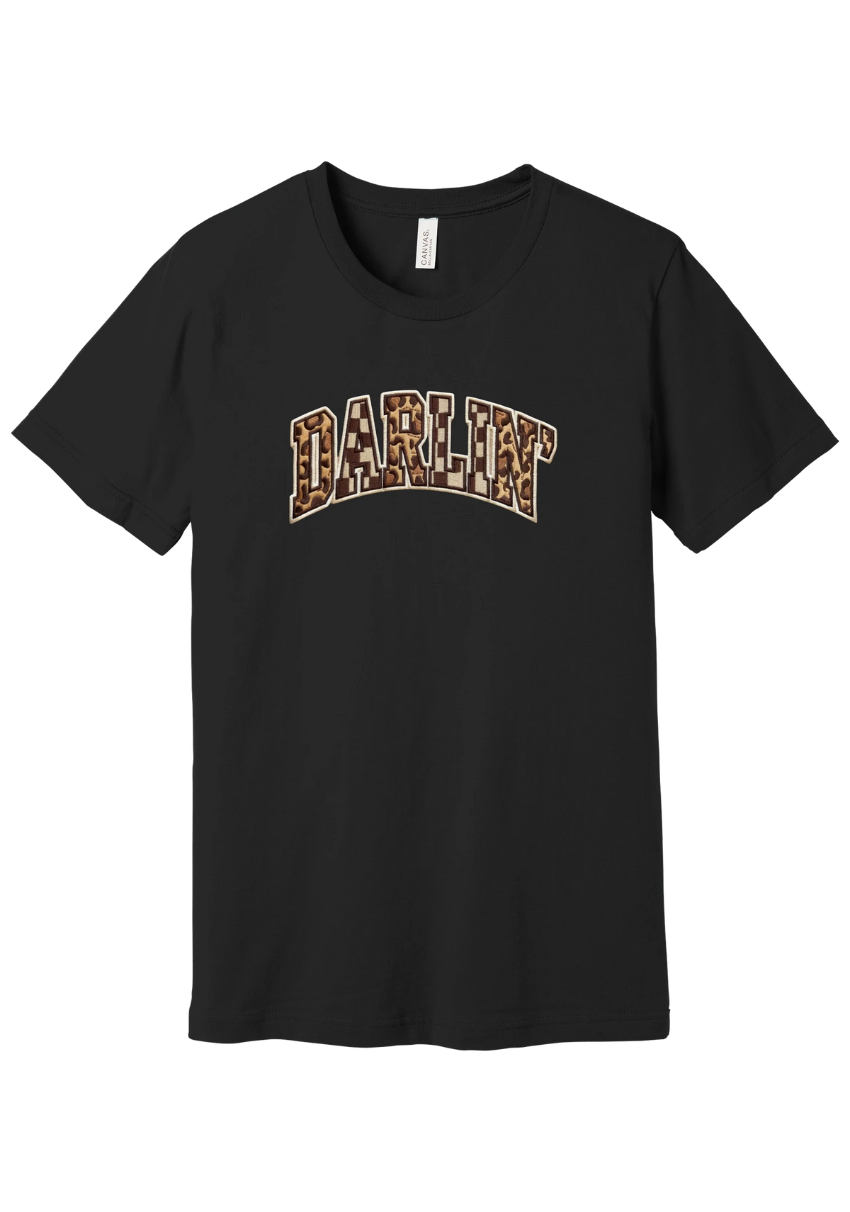 Darlin' tee, Patchwork design, in Black, featuring arched varsity DARLIN' letters filled with leopard and checker print