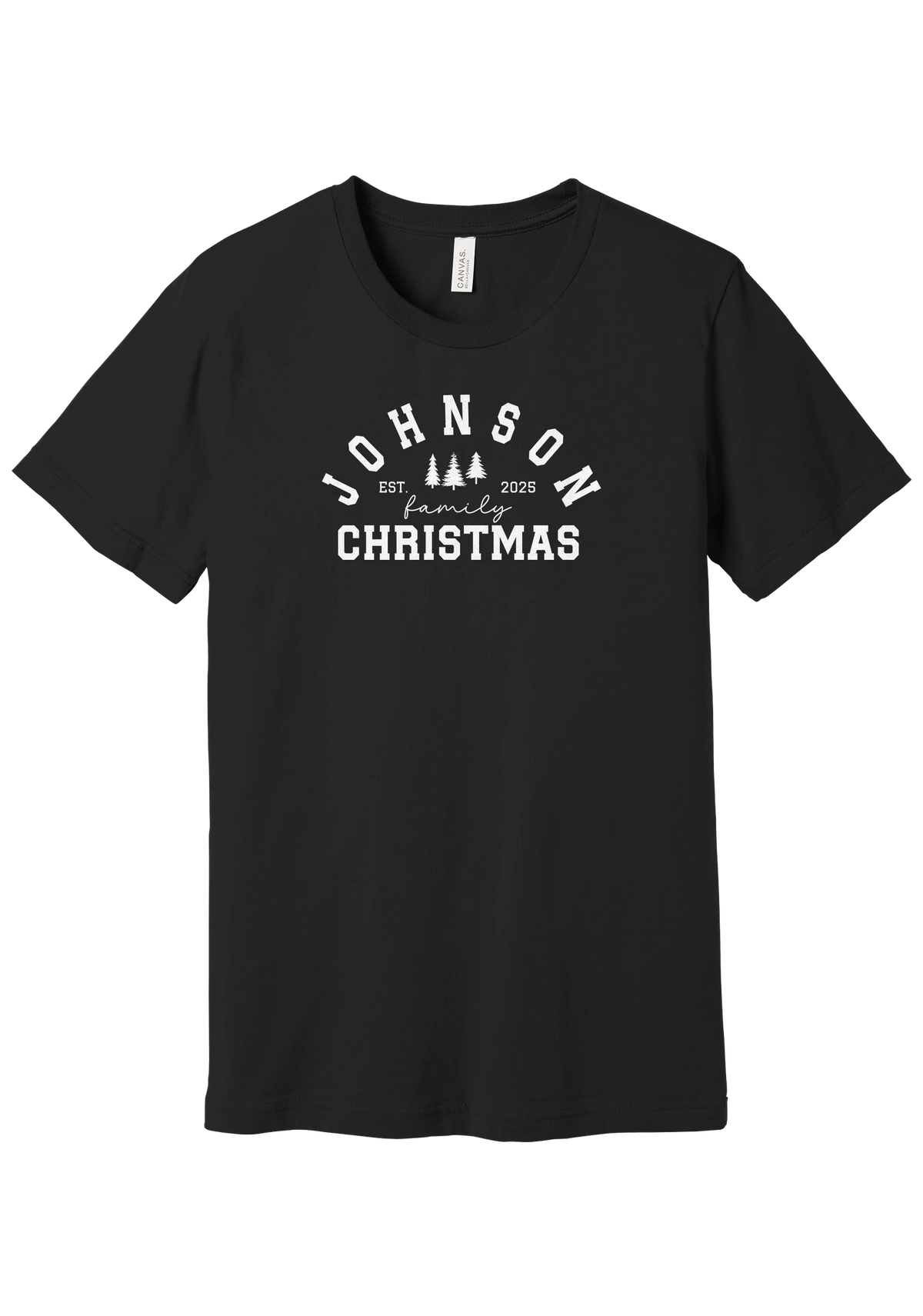 Personalized Family Christmas tee in Black, featuring a personalized family last name arched over three pine trees with EST. and the year