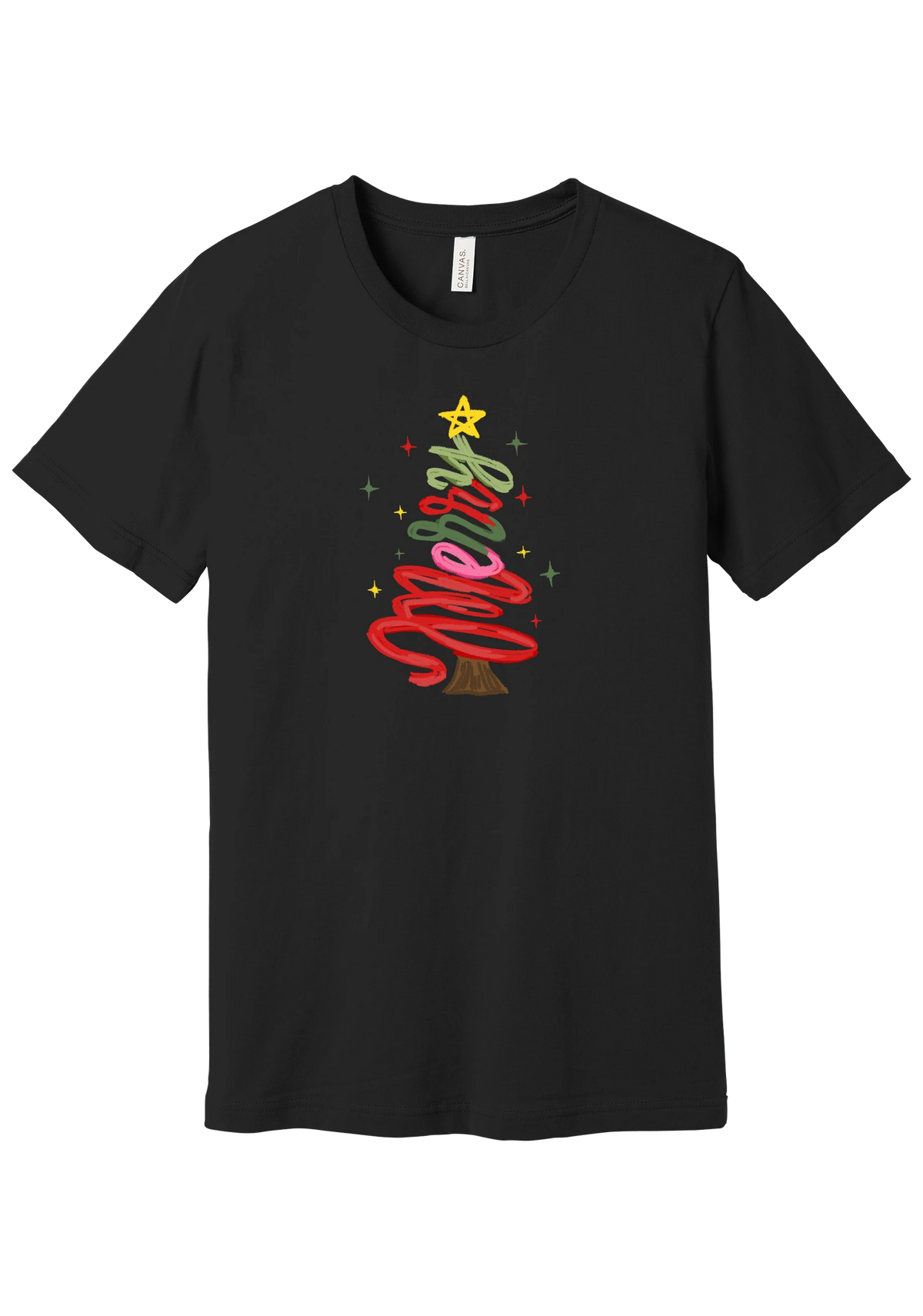 Hand Script Merry Christmas Tree tee in Black, featuring loopy hand-lettered Merry stacked into a Christmas tree with a gold star and sparkles