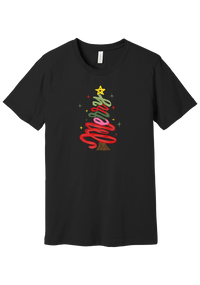 Hand Script Merry Christmas Tree tee in Black, featuring loopy hand-lettered Merry stacked into a Christmas tree with a gold star and sparkles