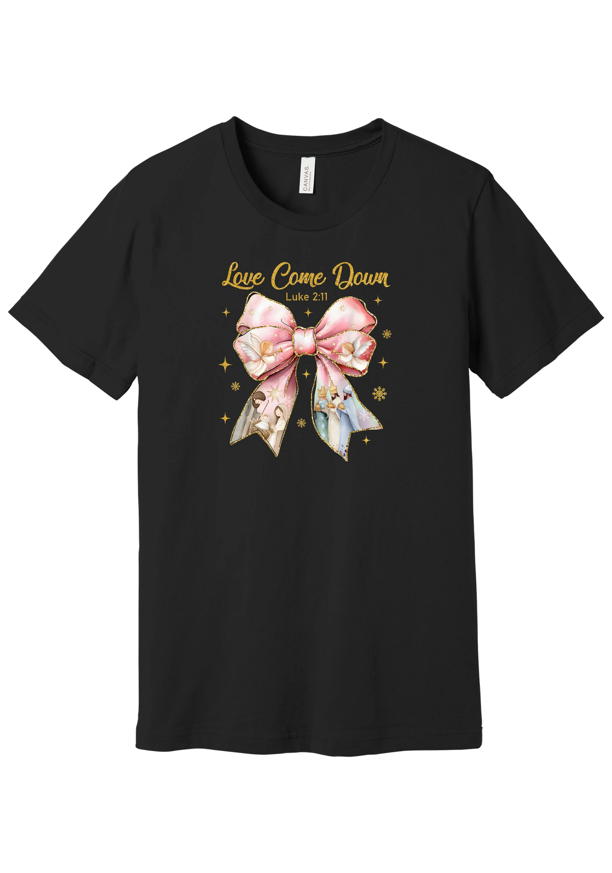 Love Came Down Nativity Bow tee in Black, featuring a blush satin bow with painted nativity scenes under gold Love Came Down script and Luke 2:11