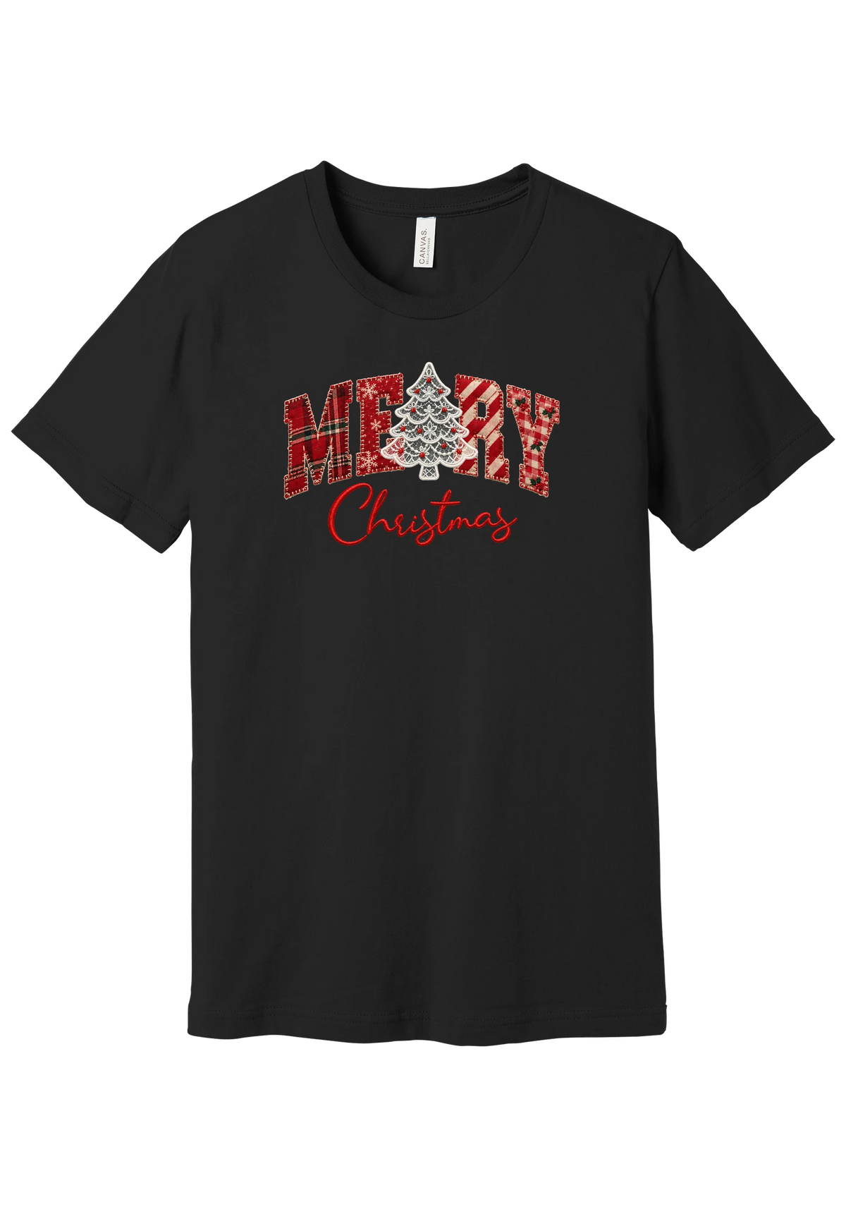 Merry Lace and Pattern Applique tee in Black, featuring faux applique MERRY letters in red plaid, snowflake, candy cane, and gingham fabrics with a lace Christmas tree and red script Christmas