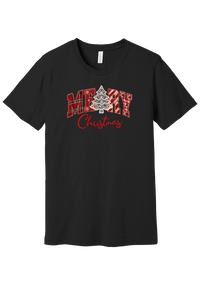 Merry Lace and Pattern Applique tee in Black, featuring faux applique MERRY letters in red plaid, snowflake, candy cane, and gingham fabrics with a lace Christmas tree and red script Christmas