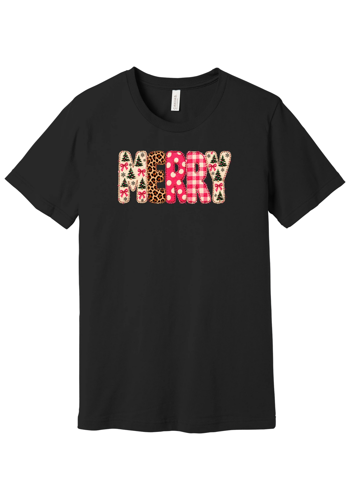 Merry Preppy Applique tee in Black, featuring faux applique MERRY letters in pink and green patchwork patterns with trees, gingham, Santas, polka dots, and candy cane stripes
