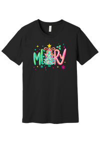 Merry Tinsel Tree tee in Black, featuring puffy teal and pink MERRY letters around a tinsel Christmas tree with a gold star
