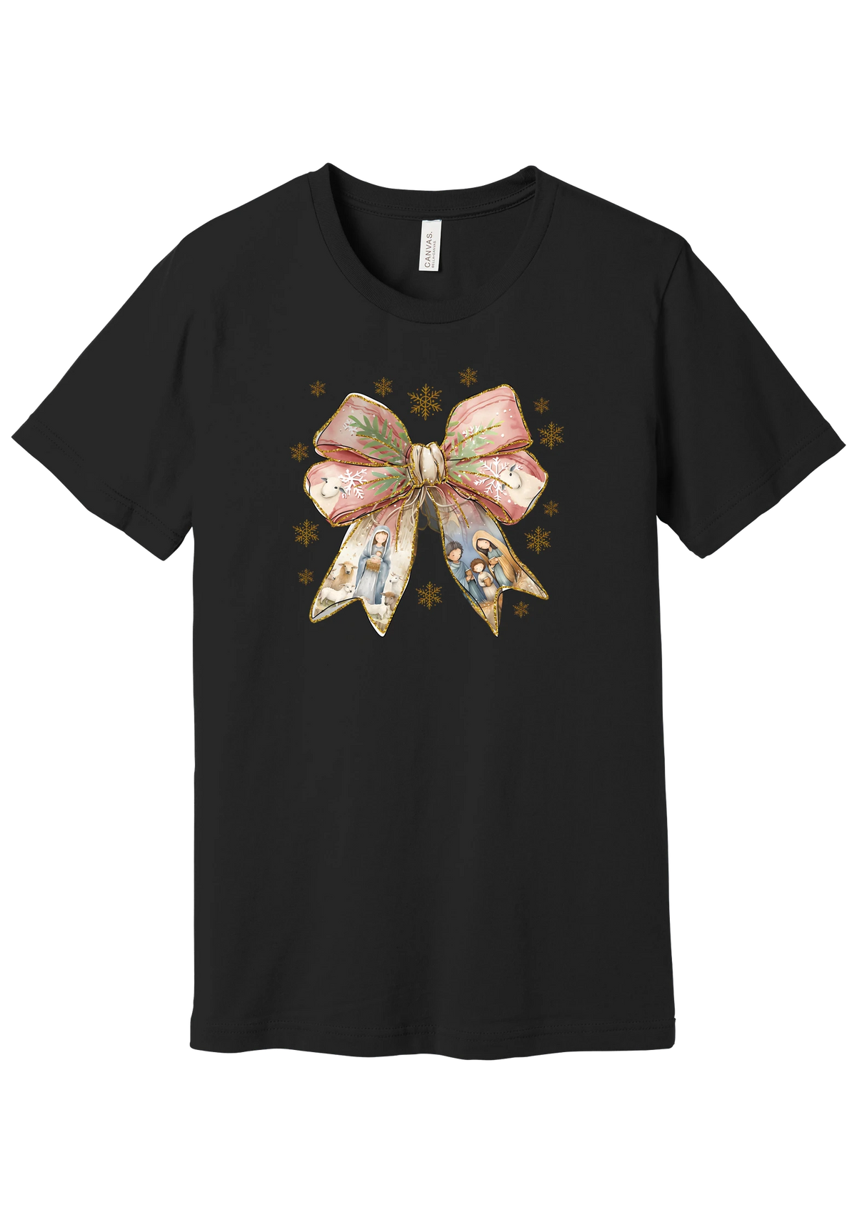 Nativity Bow tee in Black, featuring a blush satin bow with painted nativity scenes in its ribbons and gold snowflakes