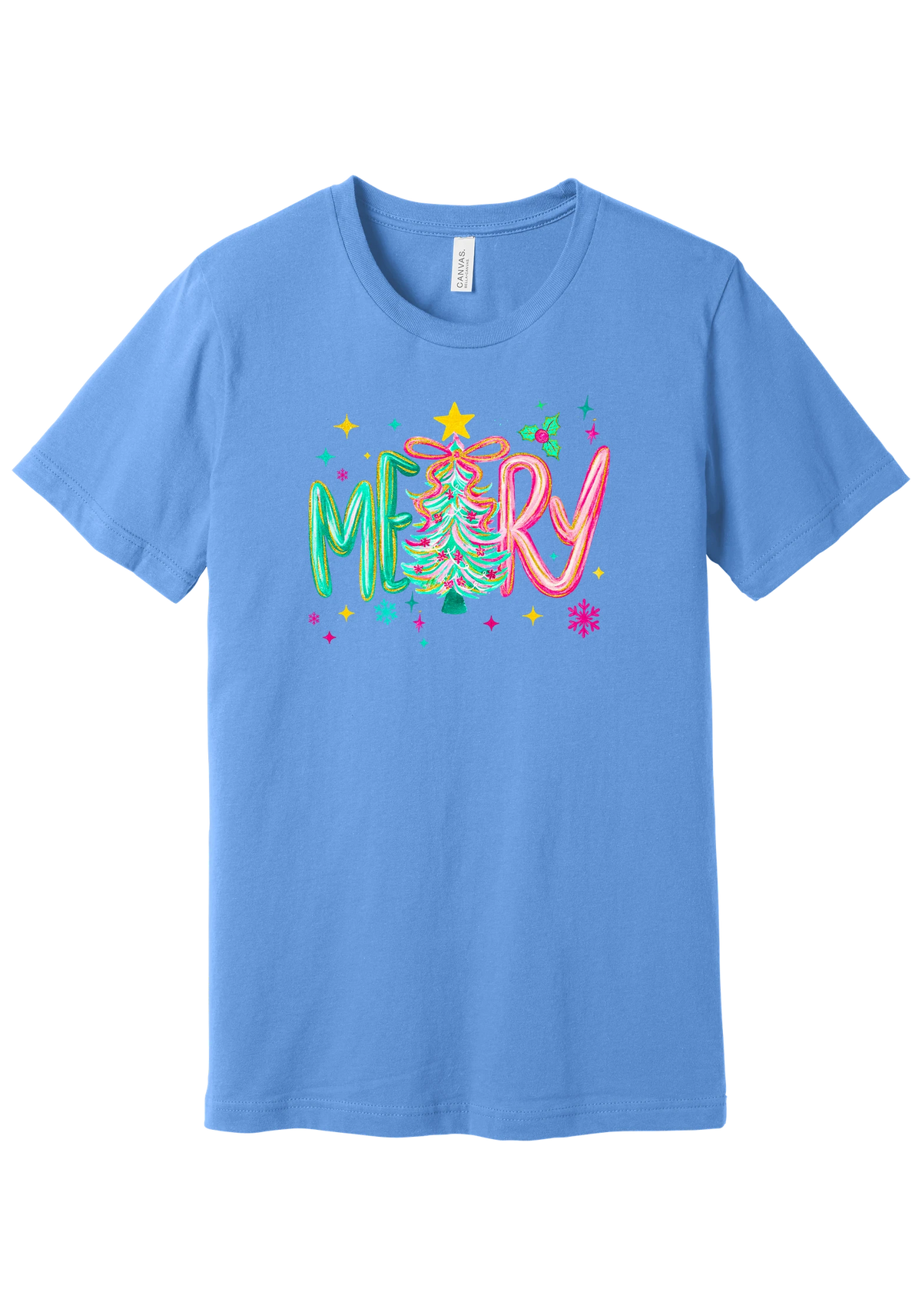 Merry Tinsel Tree tee in Carolina Blue, featuring puffy teal and pink MERRY letters around a tinsel Christmas tree with a gold star
