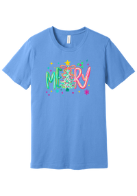Merry Tinsel Tree tee in Carolina Blue, featuring puffy teal and pink MERRY letters around a tinsel Christmas tree with a gold star