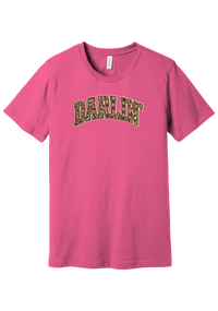 Darlin' tee, Checker Outline design, in Charity Pink, featuring arched varsity DARLIN' letters filled with leopard and checker print