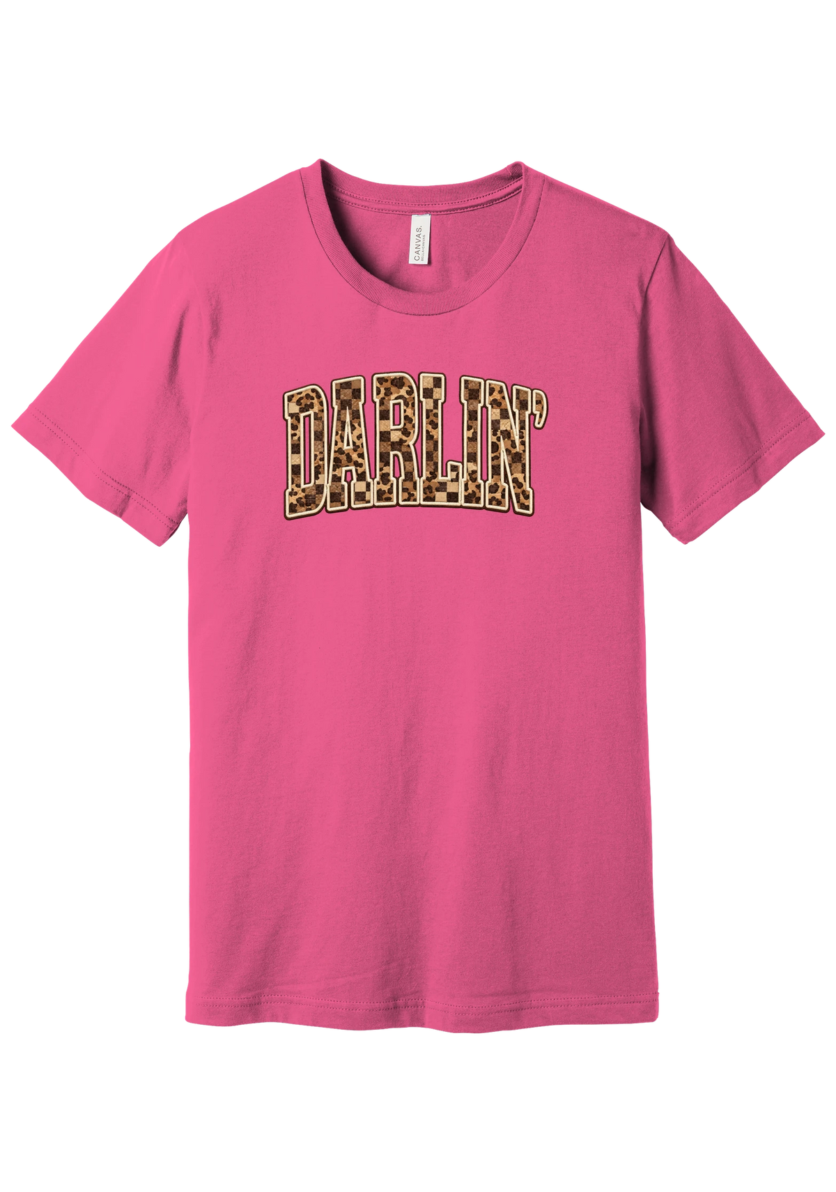 Darlin' tee, Leopard Checker design, in Charity Pink, featuring arched varsity DARLIN' letters filled with leopard and checker print