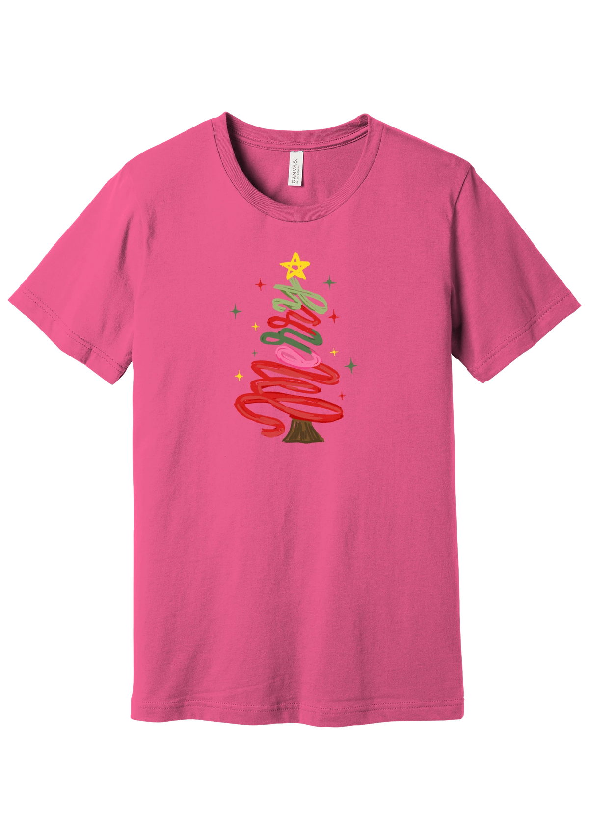 Hand Script Merry Christmas Tree tee in Charity Pink, featuring loopy hand-lettered Merry stacked into a Christmas tree with a gold star and sparkles