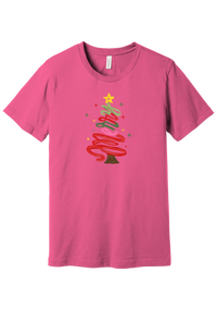 Hand Script Merry Christmas Tree tee in Charity Pink, featuring loopy hand-lettered Merry stacked into a Christmas tree with a gold star and sparkles