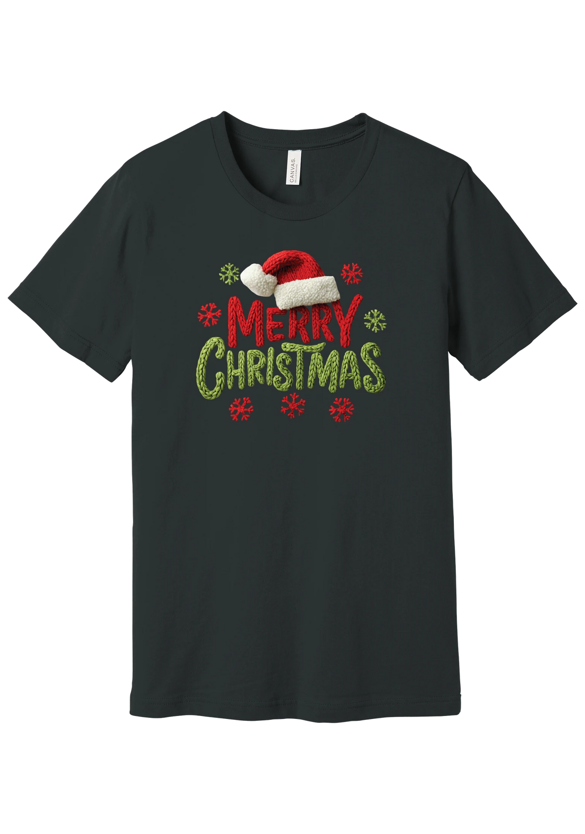 Crocheted Santa Hat Merry Christmas tee in Dark Grey, featuring a knit Santa hat over chunky red and green knit-texture Merry Christmas lettering with crochet snowflakes