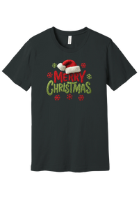 Crocheted Santa Hat Merry Christmas tee in Dark Grey, featuring a knit Santa hat over chunky red and green knit-texture Merry Christmas lettering with crochet snowflakes