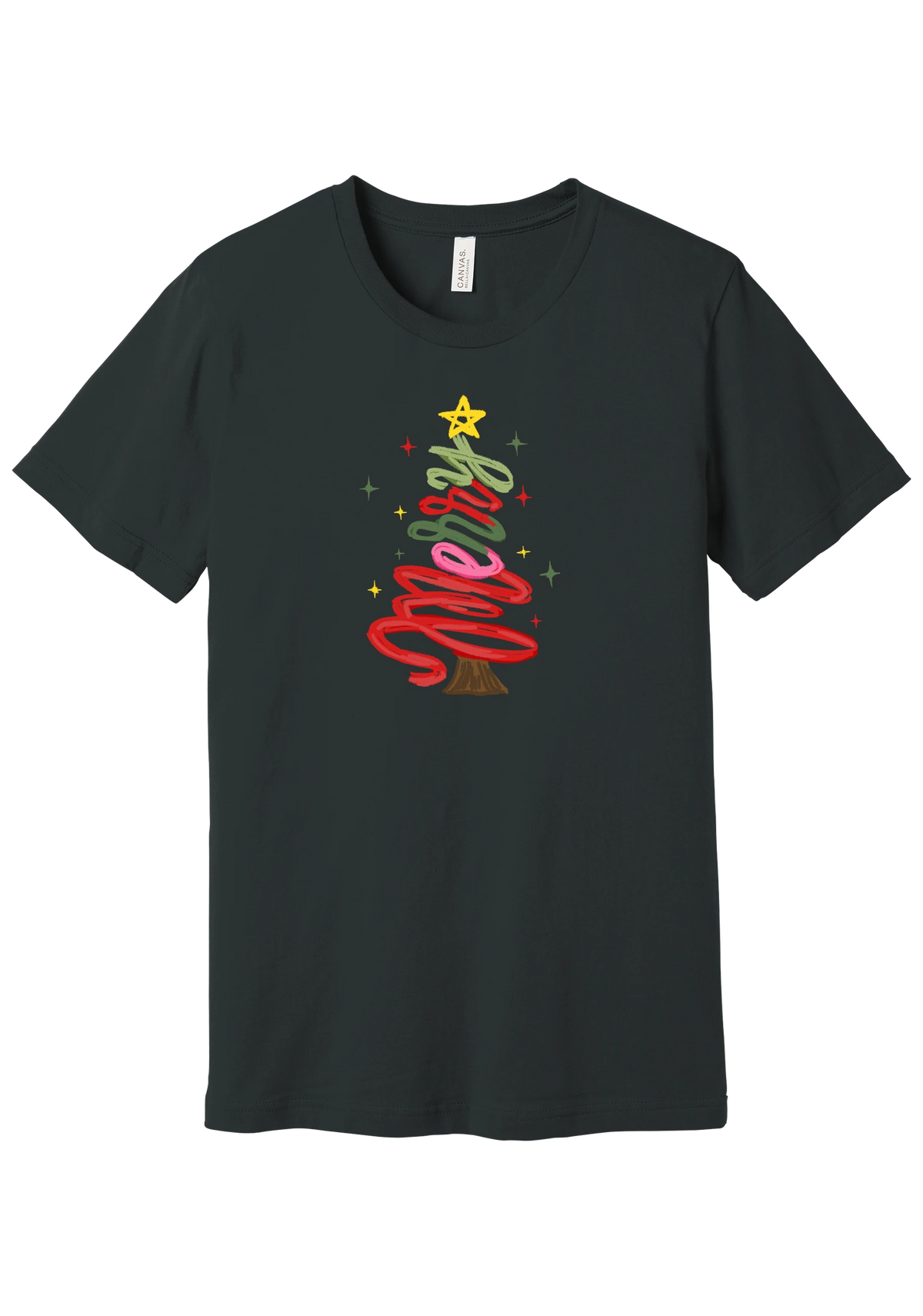 Hand Script Merry Christmas Tree tee in Dark Grey, featuring loopy hand-lettered Merry stacked into a Christmas tree with a gold star and sparkles