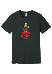Hand Script Merry Christmas Tree tee in Dark Grey, featuring loopy hand-lettered Merry stacked into a Christmas tree with a gold star and sparkles