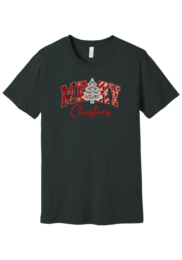 Merry Lace and Pattern Applique tee in Dark Grey, featuring faux applique MERRY letters in red plaid, snowflake, candy cane, and gingham fabrics with a lace Christmas tree and red script Christmas