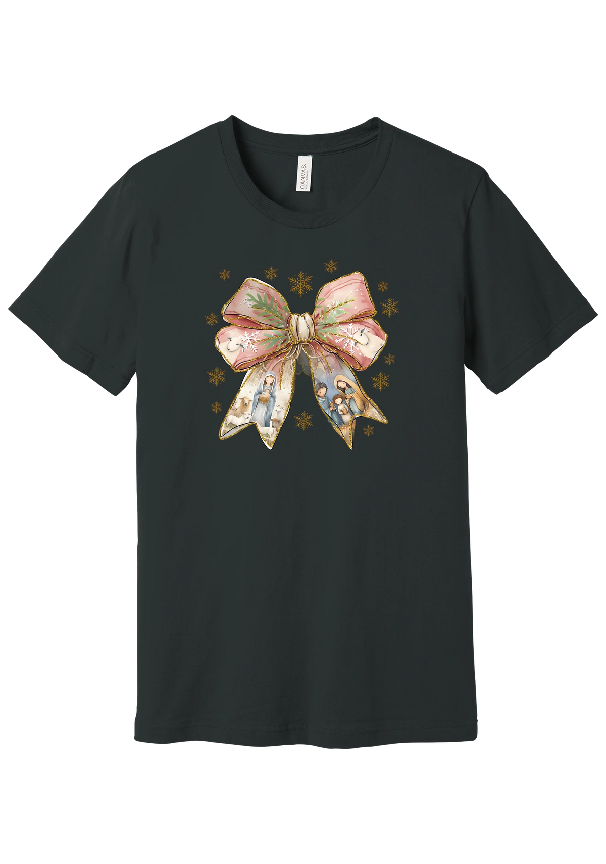 Nativity Bow tee in Dark Grey, featuring a blush satin bow with painted nativity scenes in its ribbons and gold snowflakes