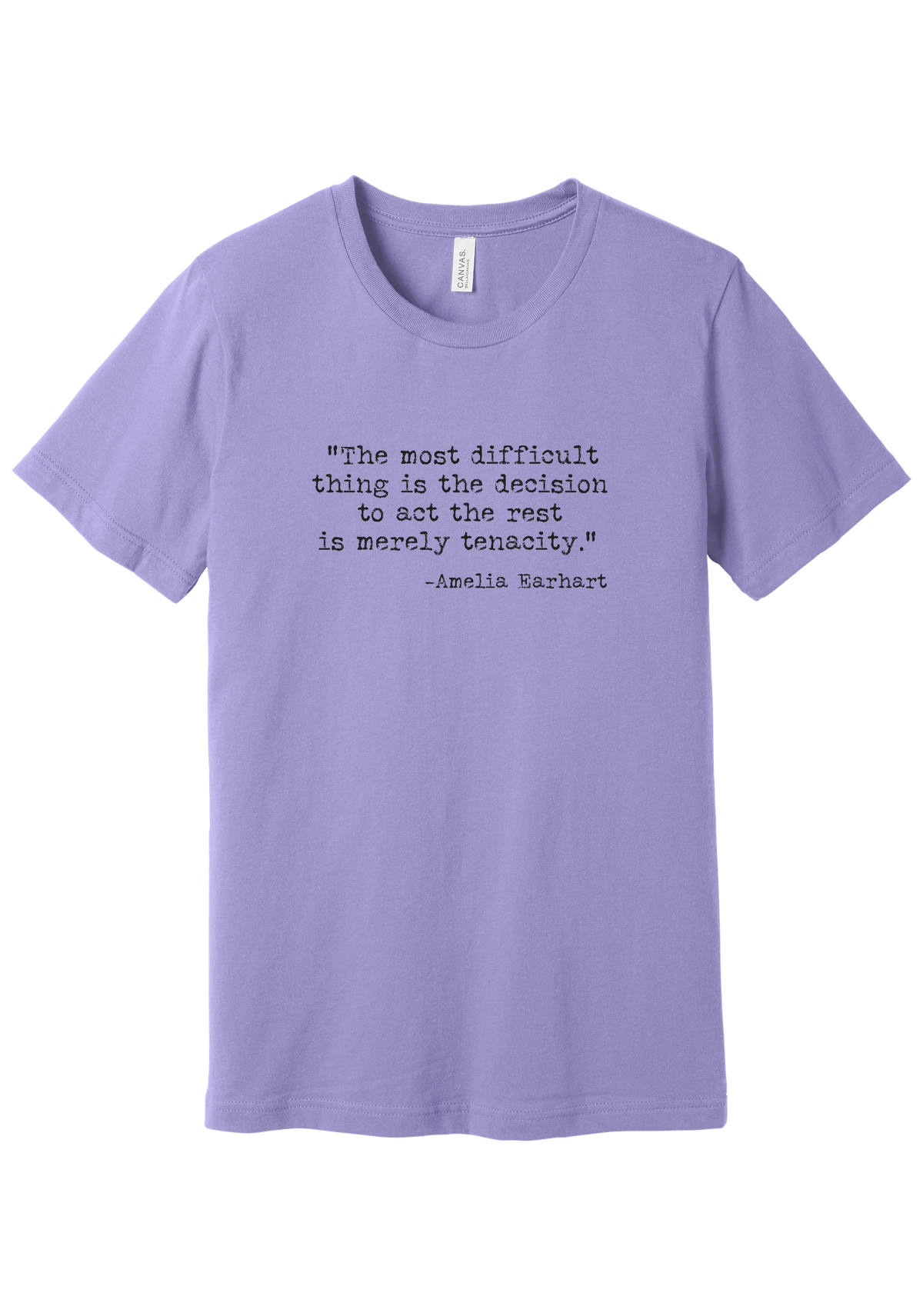 Amelia Earhart Tenacity Quote tee in Dark Lavender, featuring The most difficult thing is the decision to act the rest is merely tenacity in distressed black typewriter letters