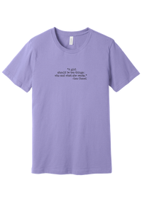 Coco Chanel Who and What Quote tee in Dark Lavender, featuring A girl should be two things who and what she wants in distressed black typewriter letters