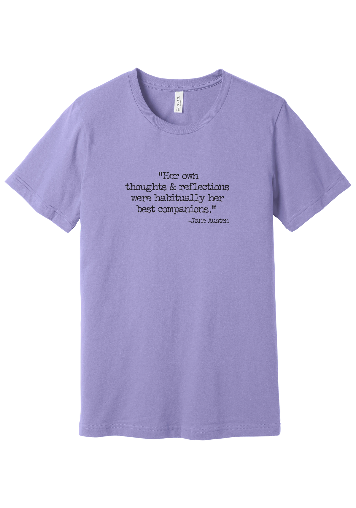 Jane Austen Best Companions Quote tee in Dark Lavender, featuring Her own thoughts and reflections were habitually her best companions in distressed black typewriter letters