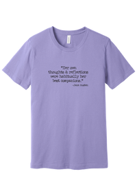 Jane Austen Best Companions Quote tee in Dark Lavender, featuring Her own thoughts and reflections were habitually her best companions in distressed black typewriter letters