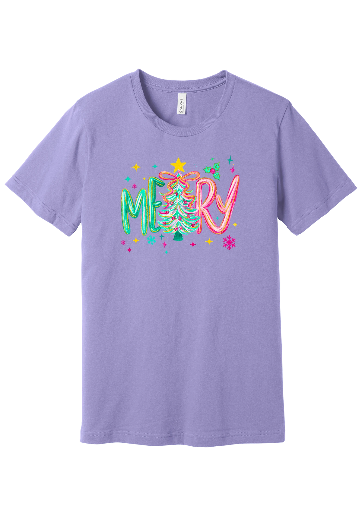 Merry Tinsel Tree tee in Dark Lavender, featuring puffy teal and pink MERRY letters around a tinsel Christmas tree with a gold star