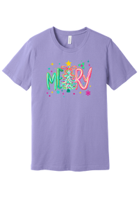 Merry Tinsel Tree tee in Dark Lavender, featuring puffy teal and pink MERRY letters around a tinsel Christmas tree with a gold star