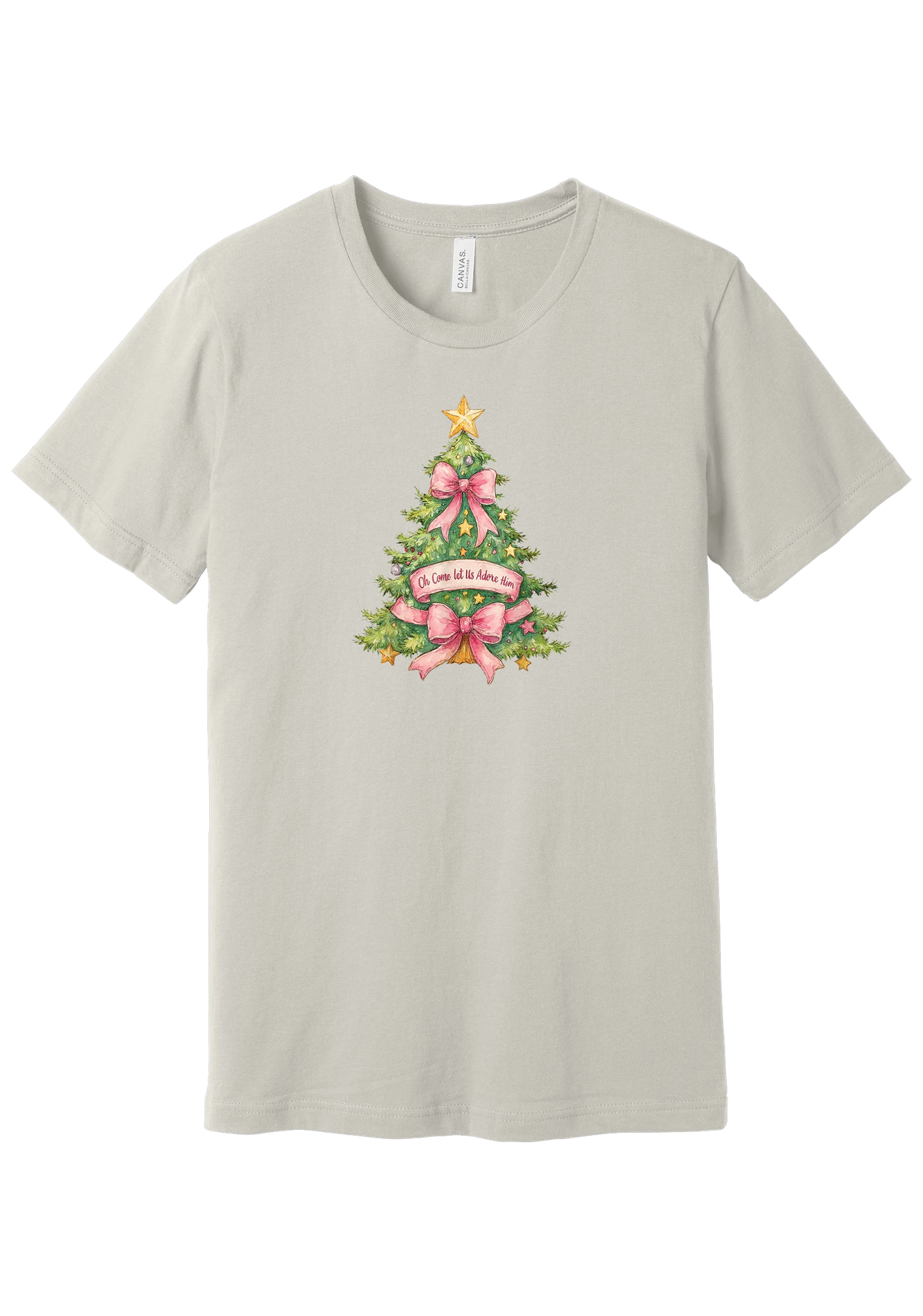Adore Him Bow Tree tee in Dust, featuring a green Christmas tree dressed in pink bows and a gold star with an Oh Come Let Us Adore Him banner