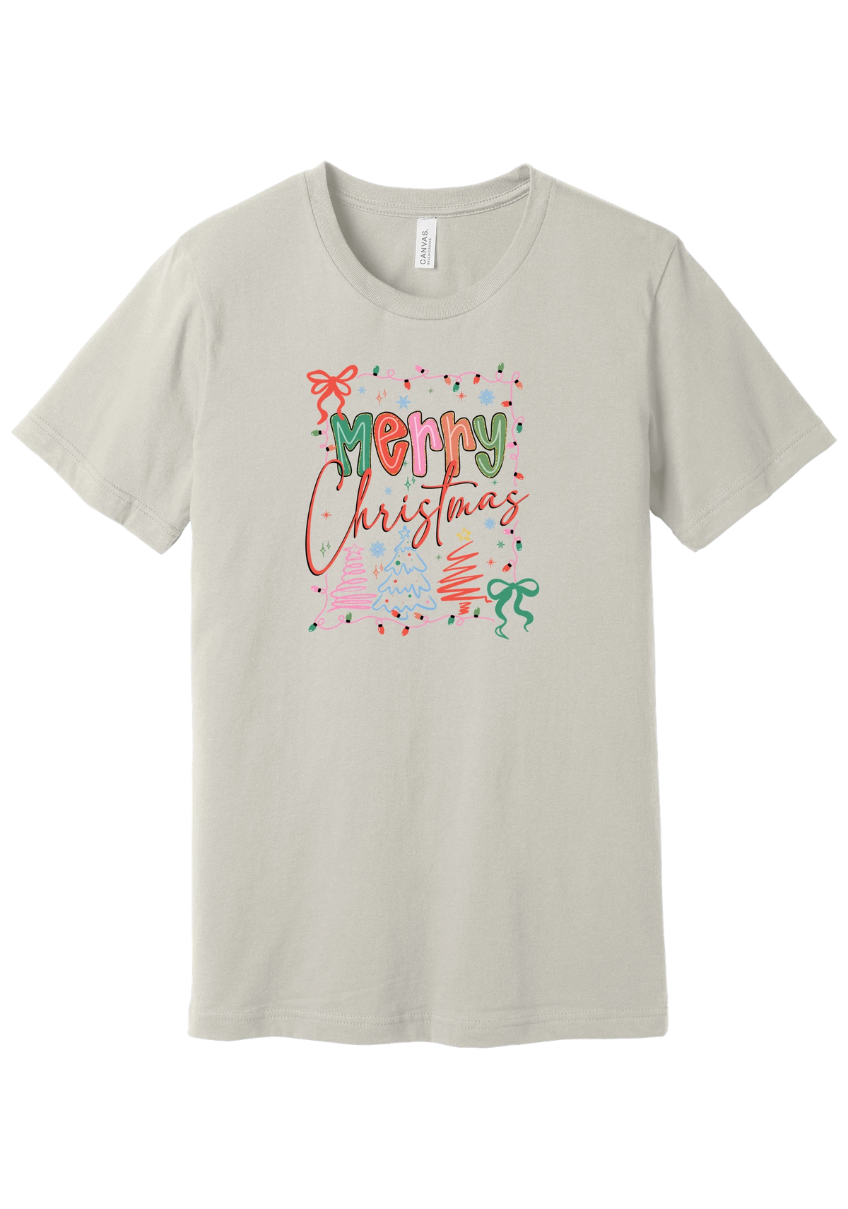 Coquette Merry Christmas Outline tee in Dust, featuring bright Merry Christmas lettering framed by string lights, coquette bows, and sketched Christmas trees