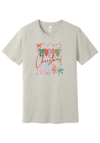 Coquette Merry Christmas Outline tee in Dust, featuring bright Merry Christmas lettering framed by string lights, coquette bows, and sketched Christmas trees