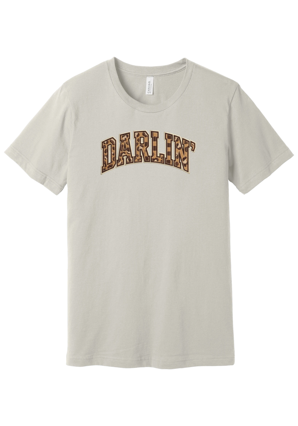 Darlin' tee, Checker Outline design, in Dust, featuring arched varsity DARLIN' letters filled with leopard and checker print