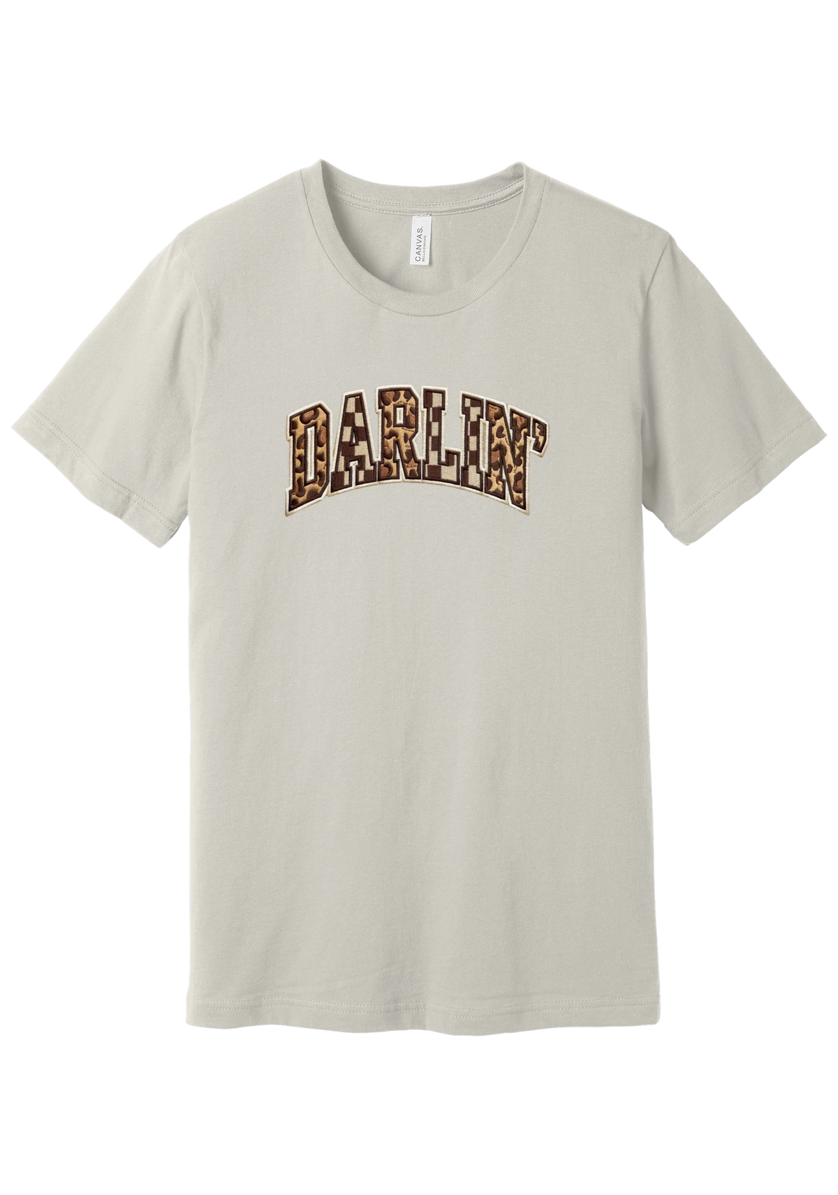 Darlin' tee, Patchwork design, in Dust, featuring arched varsity DARLIN' letters filled with leopard and checker print
