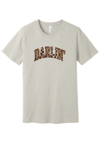 Darlin' tee, Patchwork design, in Dust, featuring arched varsity DARLIN' letters filled with leopard and checker print