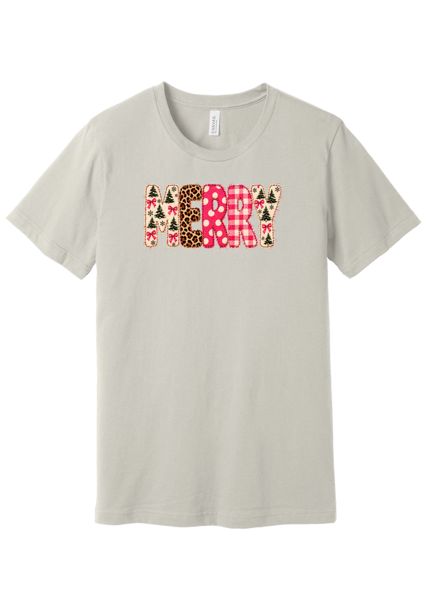 Merry Preppy Applique tee in Dust, featuring faux applique MERRY letters in pink and green patchwork patterns with trees, gingham, Santas, polka dots, and candy cane stripes