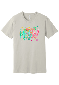 Merry Tinsel Tree tee in Dust, featuring puffy teal and pink MERRY letters around a tinsel Christmas tree with a gold star