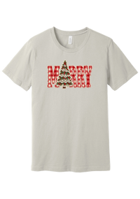 Red Gingham Merry Tree tee in Dust, featuring red gingham MERRY letters with a lace-trimmed Christmas tree in the center