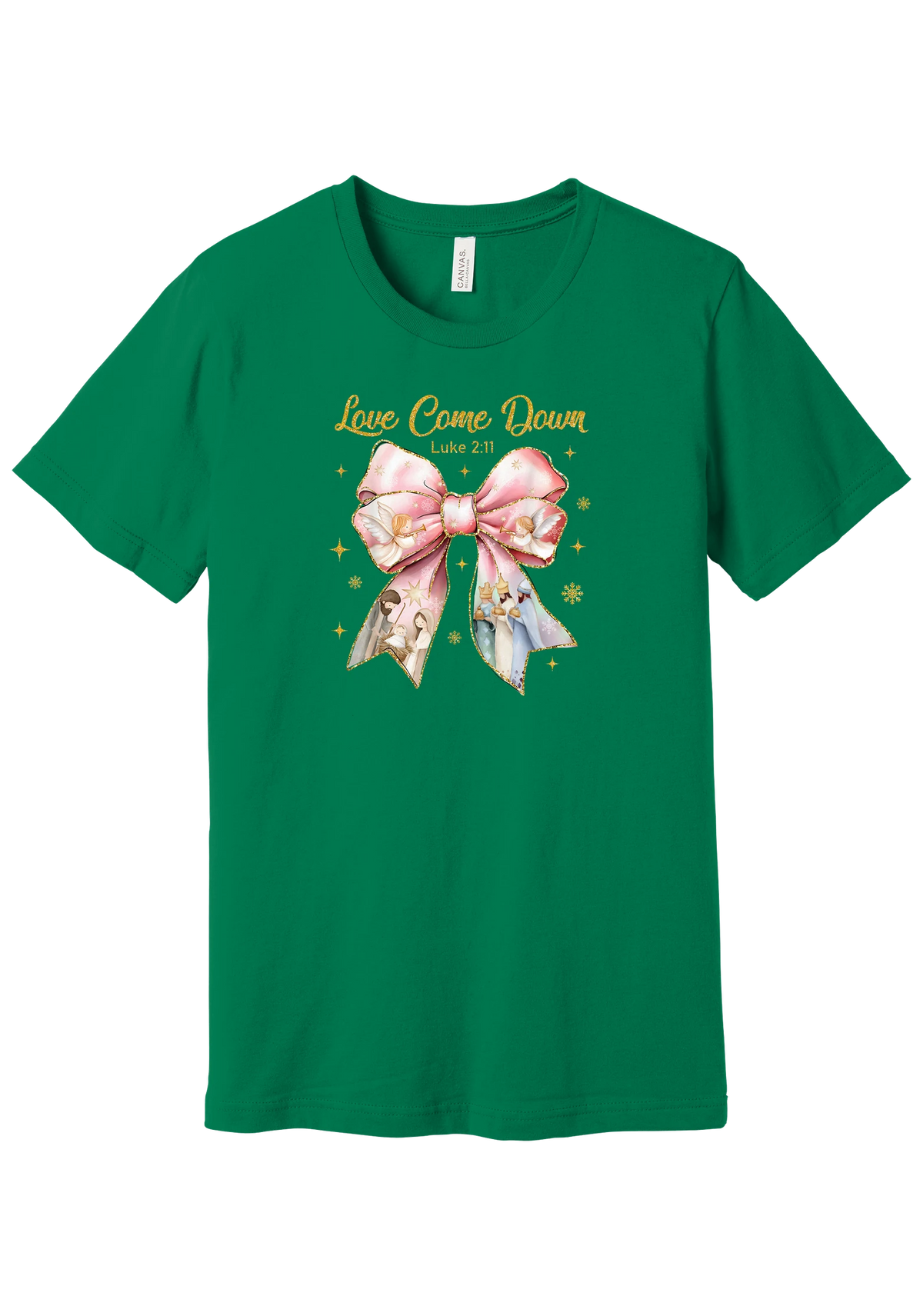 Love Came Down Nativity Bow tee in Kelly Green, featuring a blush satin bow with painted nativity scenes under gold Love Came Down script and Luke 2:11