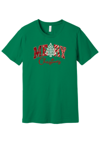 Merry Lace and Pattern Applique tee in Kelly Green, featuring faux applique MERRY letters in red plaid, snowflake, candy cane, and gingham fabrics with a lace Christmas tree and red script Christmas